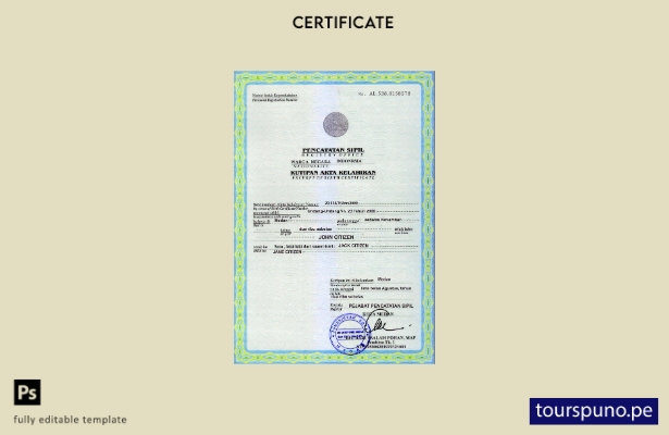 plantilla de certificado de nacimiento de Indonesia lista para imprimir en forma